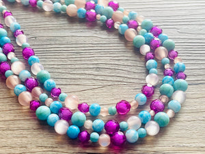 Deja Vu Purple chunky statement necklace & earrings, pink big bead jewelry gifts for women, bib jewelry Multi-Strand beaded turquoise blue