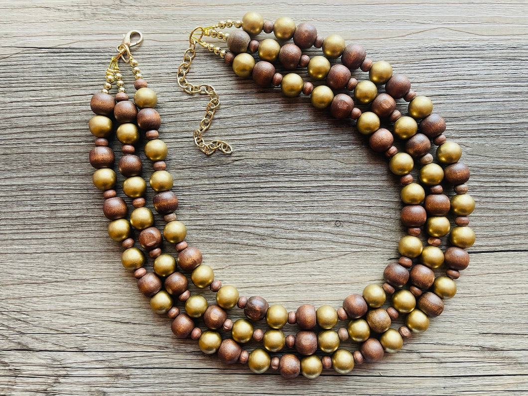 Gold & Brown statement necklace, chunky bib beaded jewelry 3 strand neutral necklace, wood multi strand wood, Traveler Collection