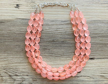 Load image into Gallery viewer, Peach Chunky Statement Necklace &amp; Stretch Bracelet set, Triple Strand Beaded Jewelry, light coral pink jewelry, bridesmaid jelly bean