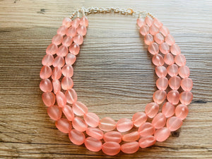 Peach Chunky Statement Necklace & Stretch Bracelet set, Triple Strand Beaded Jewelry, light coral pink jewelry, bridesmaid jelly bean