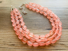 Load image into Gallery viewer, Peach Chunky Statement Necklace &amp; Stretch Bracelet set, Triple Strand Beaded Jewelry, light coral pink jewelry, bridesmaid jelly bean