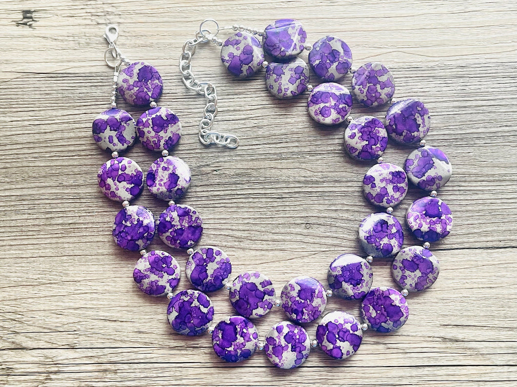 Paint splatter Purple & Gray Necklace, 2 Strand Statement Jewelry, purple Chunky bib bridesmaid everyday bubble jewelry earrings