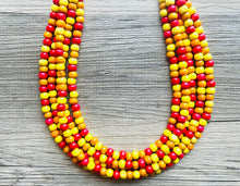 Load image into Gallery viewer, Cobblestone Harvest Chunky Rainbow Beaded Necklace, 5 Strand Colorful Jewelry statement necklace, wood big beaded necklace yellow red orange