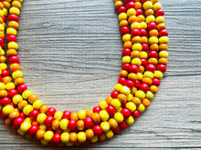 Load image into Gallery viewer, Cobblestone Harvest Chunky Rainbow Beaded Necklace, 5 Strand Colorful Jewelry statement necklace, wood big beaded necklace yellow red orange