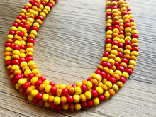 Load image into Gallery viewer, Cobblestone Harvest Chunky Rainbow Beaded Necklace, 5 Strand Colorful Jewelry statement necklace, wood big beaded necklace yellow red orange