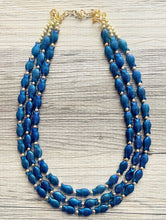 Load image into Gallery viewer, Swimming Fish 3 Strand Royal Blue Necklace, multi strand bright blue jewelry, big beaded chunky necklace, dark blue statement navy