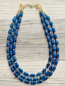 Swimming Fish 3 Strand Royal Blue Necklace, multi strand bright blue jewelry, big beaded chunky necklace, dark blue statement navy