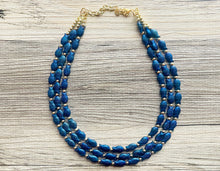 Load image into Gallery viewer, Swimming Fish 3 Strand Royal Blue Necklace, multi strand bright blue jewelry, big beaded chunky necklace, dark blue statement navy