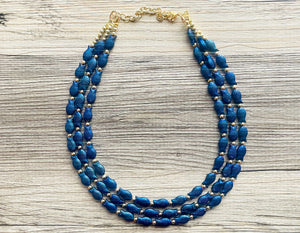 Swimming Fish 3 Strand Royal Blue Necklace, multi strand bright blue jewelry, big beaded chunky necklace, dark blue statement navy