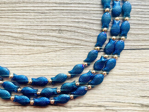 Swimming Fish 3 Strand Royal Blue Necklace, multi strand bright blue jewelry, big beaded chunky necklace, dark blue statement navy