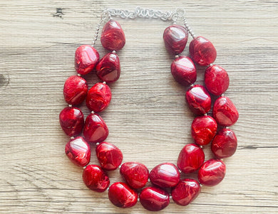 Deep red Chunky Statement Necklace, Big beaded jewelry, Double Strand Statement Necklace, Bib necklace, red bridesmaid wedding