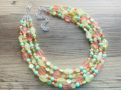 Summer sunshine Yellow Coral Necklace, chunky Jewelry, mint green shell beaded statement, bib yellow jewelry, 4 strand OOAK green jewelry