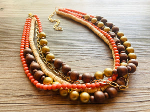 Coral Wood & Gold statement necklace, chunky bib beaded jewelry 5 strand neutral, wood multi strand wood thick bib vintage, brown gold