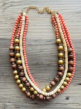 Load image into Gallery viewer, Coral Wood &amp; Gold statement necklace, chunky bib beaded jewelry 5 strand neutral, wood multi strand wood thick bib vintage, brown gold