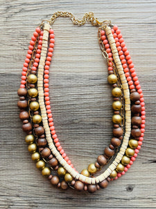 Coral Wood & Gold statement necklace, chunky bib beaded jewelry 5 strand neutral, wood multi strand wood thick bib vintage, brown gold