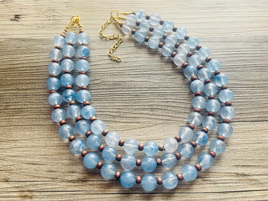 Beach Dock Necklace, multi strand jewelry, big beaded chunky statement necklace, blue clear resin chambray, periwinkle wood brown gold