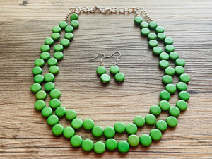Green Double Statement Necklace, Chunky Jewelry Big Beaded Necklace, colorful Necklace, dark grass green white Jewelry bubble Earrings