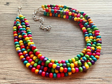 Load image into Gallery viewer, Cobblestone Chunky Rainbow Beaded Necklace, 5 Strand Colorful Jewelry statement necklace, wood big beaded necklace, rainbow jewelry baby