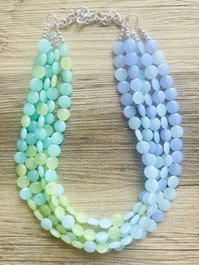 Rainforest Island Sunset Beaded Statement Necklace, beaded jewelry, earrings chunky bib 5 strand lime emerald periwinkle sky blue collar