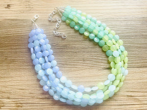 Rainforest Island Sunset Beaded Statement Necklace, beaded jewelry, earrings chunky bib 5 strand lime emerald periwinkle sky blue collar
