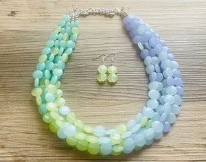 Rainforest Island Sunset Beaded Statement Necklace, beaded jewelry, earrings chunky bib 5 strand lime emerald periwinkle sky blue collar