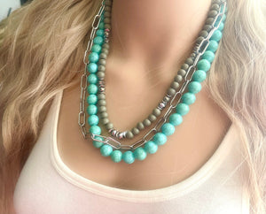 Gray Waves & Turquoise Silver Chain Blues statement Necklace, green wood beaded chunky bib wedding crystals, dark navy blue