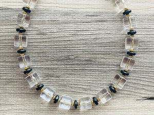 Extra Chunky Single Strand Clear Crystal Statement Necklace and earrings set, large lucite resin big bead acetate acrylic necklace