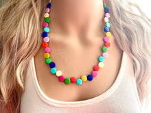 Load image into Gallery viewer, Rainbow Single Statement Necklace, Chunky Jewelry Big Beaded Necklace, blue green yellow pink Necklace, magenta Jewelry bubble earrings