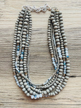 Load image into Gallery viewer, Gray Skys &amp; Silver Blues statement Necklace, dyed gray wood beaded chunky bib wedding crystals, dark navy blue 6 strand jewelry, chunky bib