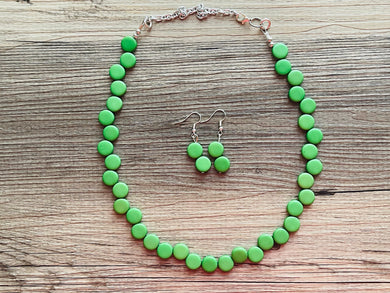 Green Single Statement Necklace, Chunky Jewelry Big Beaded Necklace, colorful Necklace, dark grass green white Jewelry bubble Earrings