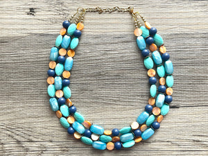 Gold Shell Beach Wave triple strand statement necklace, jewelry set orange, beaded jewelry chunky bib statement set, blue green turquoise