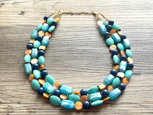 Gold Shell Beach Wave triple strand statement necklace, jewelry set orange, beaded jewelry chunky bib statement set, blue green turquoise