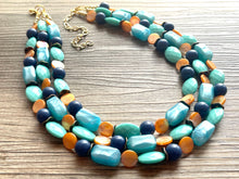 Load image into Gallery viewer, Gold Shell Beach Wave triple strand statement necklace, jewelry set orange, beaded jewelry chunky bib statement set, blue green turquoise