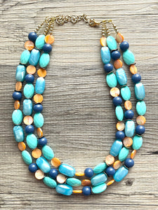 Gold Shell Beach Wave triple strand statement necklace, jewelry set orange, beaded jewelry chunky bib statement set, blue green turquoise