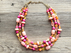 Gina Summer Statement necklace, peach necklace, Beaded statement necklace, bib necklace, yellow fall autumn orange jewelry pink coral