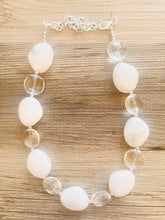 Load image into Gallery viewer, White &amp; Clear silver necklace, statement necklace, white jewelry, big beaded single strand chunky necklace, white chunky statement jewelry