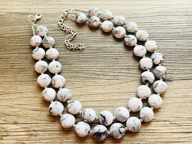 Black & White Swirl Statement Necklace, multi strand jewelry, big beaded chunky statement necklace, neutral geometric bead tie dye