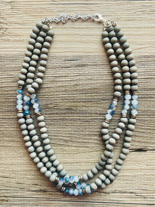 Gray Wood Silver Blues statement Necklace, dyed gray wood beaded chunky bib wedding crystals, dark navy blue 3 strand jewelry, chunky bib