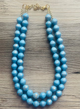 Load image into Gallery viewer, Aqua Blue Double Strand Statement Necklace, Chunky light blue &amp; Gold clay Beaded Bib Jewelry, blue jewelry, baby blue jewlery necklace