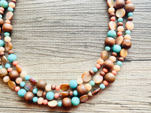 Load image into Gallery viewer, Chunky Coral Gold Brown Statement Necklace set jewelry, turquoise green peach bib necklace, geometric necklace triple strand peach