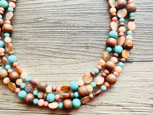 Chunky Coral Gold Brown Statement Necklace set jewelry, turquoise green peach bib necklace, geometric necklace triple strand peach