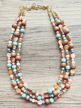 Load image into Gallery viewer, Chunky Coral Gold Brown Statement Necklace set jewelry, turquoise green peach bib necklace, geometric necklace triple strand peach