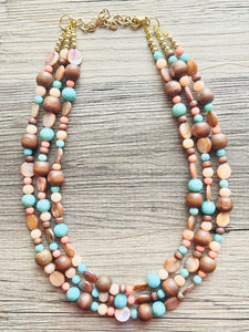 Chunky Coral Gold Brown Statement Necklace set jewelry, turquoise green peach bib necklace, geometric necklace triple strand peach