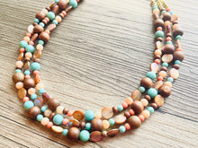 Load image into Gallery viewer, Chunky Coral Gold Brown Statement Necklace set jewelry, turquoise green peach bib necklace, geometric necklace triple strand peach