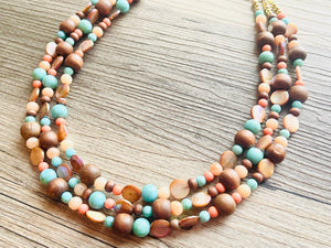 Chunky Coral Gold Brown Statement Necklace set jewelry, turquoise green peach bib necklace, geometric necklace triple strand peach