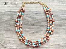 Load image into Gallery viewer, Chunky Coral Gold Brown Statement Necklace set jewelry, turquoise green peach bib necklace, geometric necklace triple strand peach