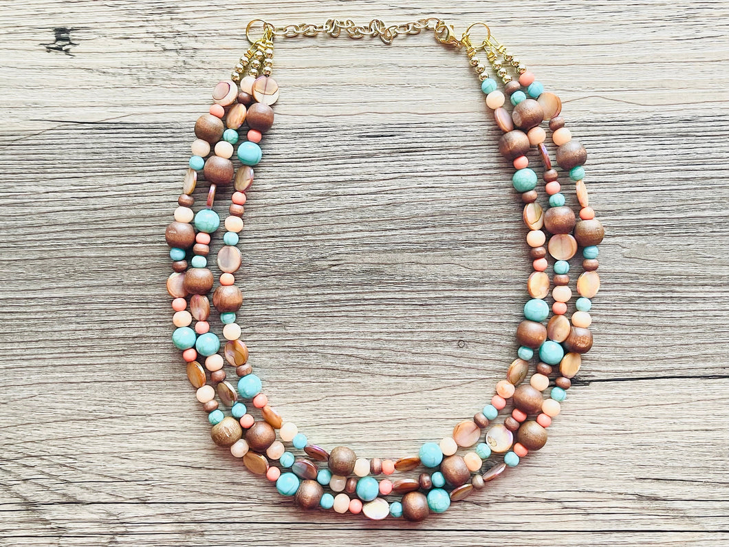 Chunky Coral Gold Brown Statement Necklace set jewelry, turquoise green peach bib necklace, geometric necklace triple strand peach