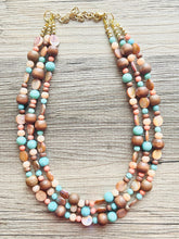 Load image into Gallery viewer, Chunky Coral Gold Brown Statement Necklace set jewelry, turquoise green peach bib necklace, geometric necklace triple strand peach