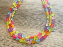 Load image into Gallery viewer, Frosted Pastel Rainbow Statement Necklace, colorful chunky jewelry, multi strand pride chunky beaded necklace, bubble necklace bubblegum