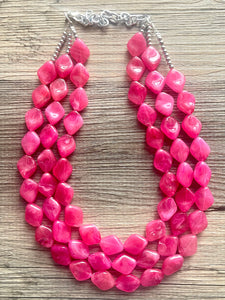 Big Bead pink Necklace, 3 Strand Statement Jewelry, magenta pink Chunky bib bridesmaid, hot pink jewelry, dark pink necklace earring set